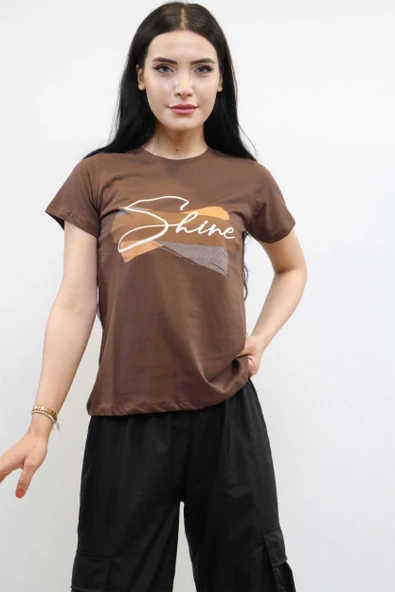Shine Baskılı Tshirt Kahve