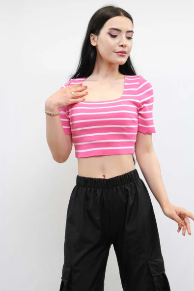 Triko Crop Çizgili Pembe