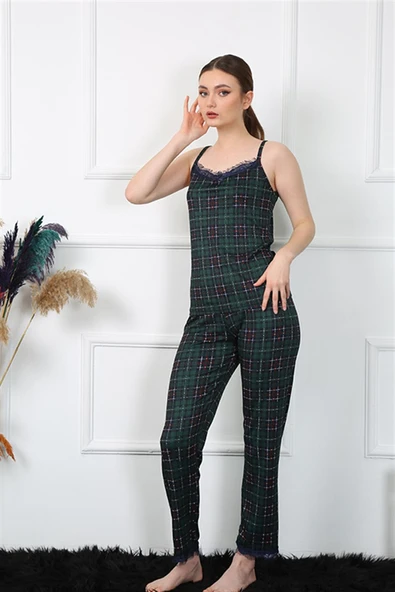 Kadın İp Askılı Yeşil Ekoseli Pijama Takım 4135