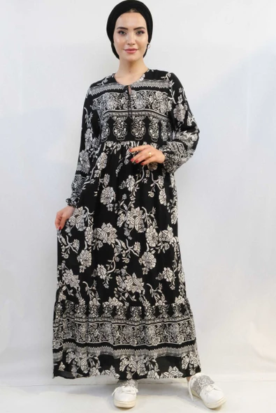 Vintage Desen Elbise Siyah