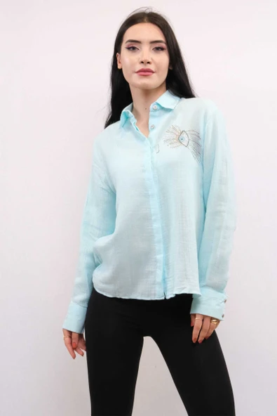 Taşlı  Keten Gömlek MC2301 Mint