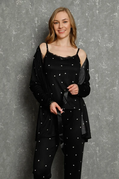 Kadın %100 Pamuk 3'lü Sabahlık Pijama Takım 16103