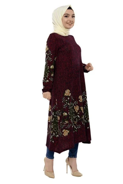 Çiçekli Tesettür Tunik Bordo - 2