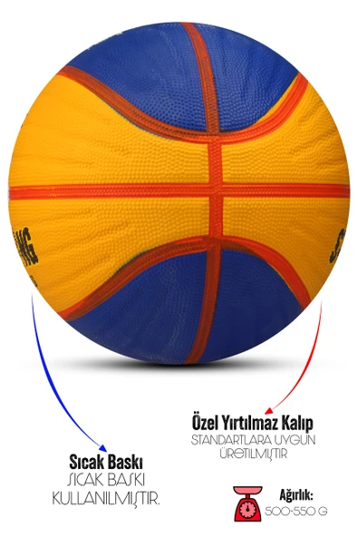Telvesse Sarı Lacivert Basketbol Topu Grafiti Kauçuk Dayanıklı Deep Kanal Kabartmalı No:6 B66 - 3