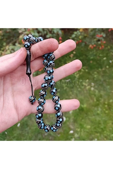 Özel Gümüş Ve Firuze Işlemeli Oltu Tasi Tesbih - 2