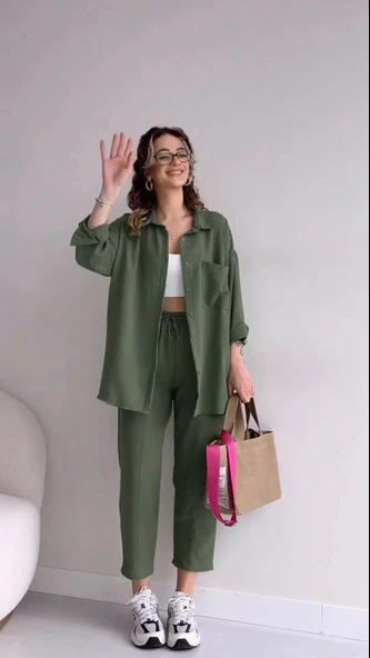 İkili Takım Elbise Pantolon Gömlek Keten Günlük - Resim 2