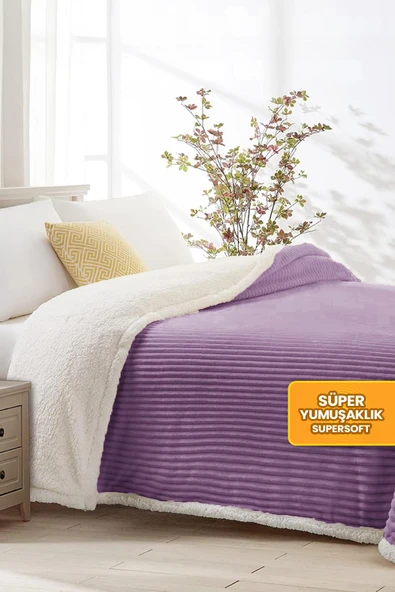 Sherpa Tv Battaniye Tek Kişilik Çizgili Yumuşak Peluş Wellsoft Yatak Örtüsü Lila