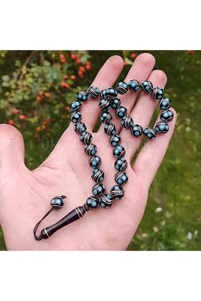 Özel Gümüş Ve Firuze Işlemeli Oltu Tasi Tesbih