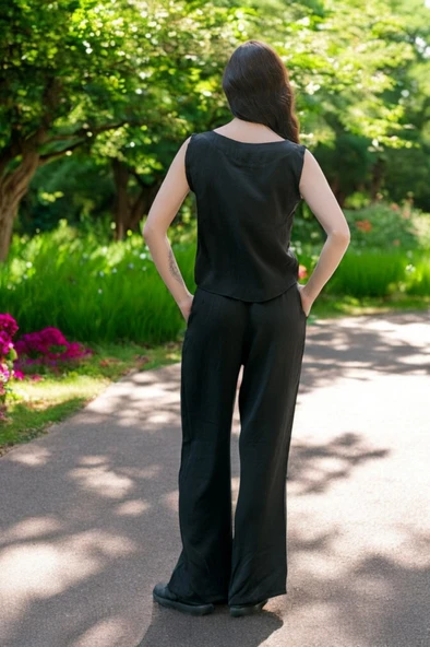 Keten Günlük Kolsuz Şık Rahat Alt Üst Kadın Takım - Resim 4