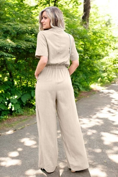 Kısa Kollu Bağcıklı Keten Tulum - Resim 2