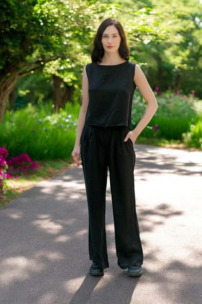 Keten Günlük Kolsuz Şık Rahat Alt Üst Kadın Takım ürün görseli 1