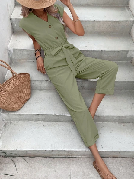 Keten Kadın V Yaka Tek Sıra Düğmeli Kolsuz Tulum - 2