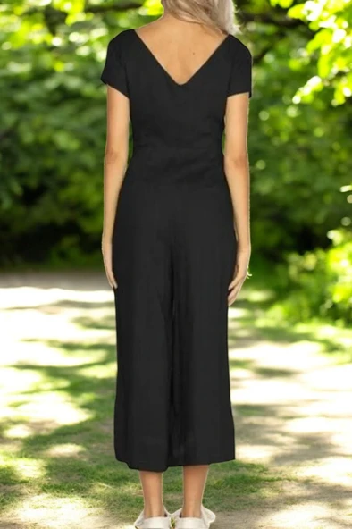 V Yaka Kısa Paça Keten Tulum - Resim 2