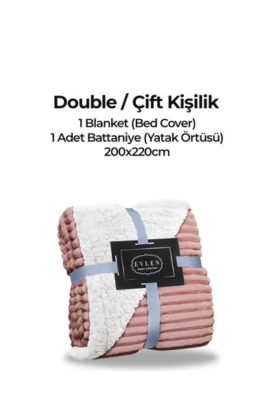 Sherpa Battaniye Çift Kişilik Çizgili Yumuşak Peluş Wellsoft Yatak Örtüsü Pudra - 5