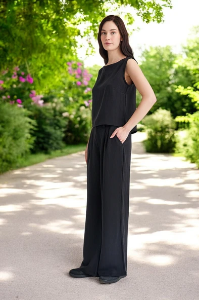 Keten Günlük Kolsuz Şık Rahat Alt Üst Kadın Takım - Resim 3