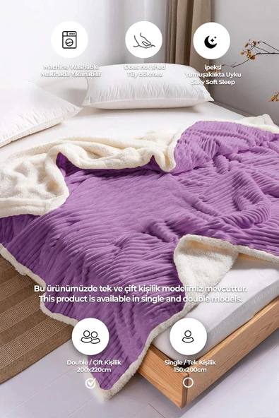Sherpa Battaniye Çift Kişilik Çizgili Yumuşak Peluş Wellsoft Yatak Örtüsü Lila - 2