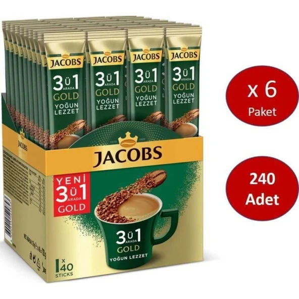 Jacobs 3ü1 Arada Gold Kahve Karışımı Yoğun Lezzet 240 Adet (40 x 6 Paket)