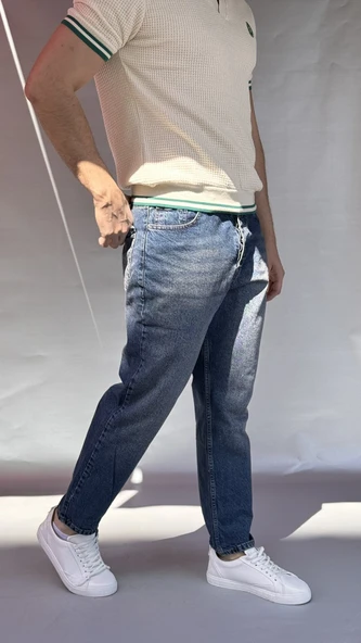 Yıkamalı Koyu Mavi Boyfriend Pantolon - 3