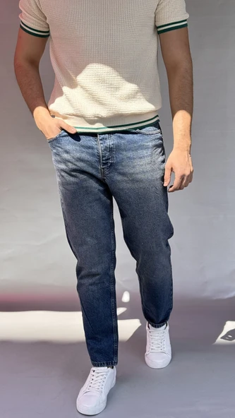 Yıkamalı Koyu Mavi Boyfriend Pantolon