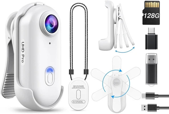 Boblov W4 2K Mini Vücut Kamerası, 360° Dönebilen Klipsli 128 GB Kamera - Beyaz