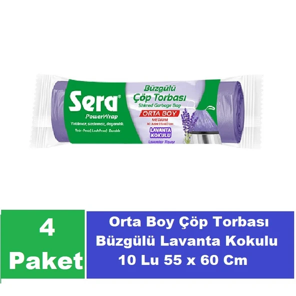 Sera Çöp Torbası Büzgülü Lavanta Kokulu Orta Boy 10 Lu 55 x 60 Cm x 4 Paket