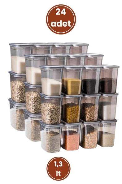 Flora Kare Erzak Saklama Kabı 24'lü Set, Gıda Baharat Bakliyat Saklama Kabı Orta Boy 24x(1,3 lt) - 2