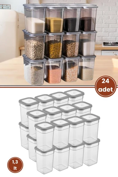 Flora Kare Erzak Saklama Kabı 24'lü Set, Gıda Baharat Bakliyat Saklama Kabı Orta Boy 24x(1,3 lt)