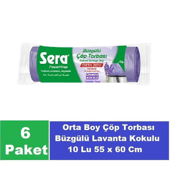 Sera Çöp Torbası Büzgülü Lavanta Kokulu Orta Boy 10 Lu 55 x 60 Cm x 6 Paket