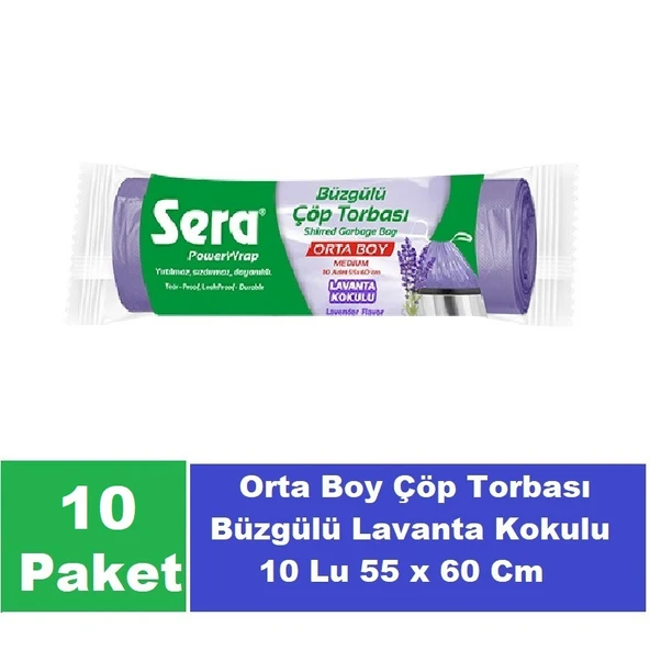 Sera Çöp Torbası Büzgülü Lavanta Kokulu Orta Boy 10 Lu 55 x 60 Cm x 10 Paket