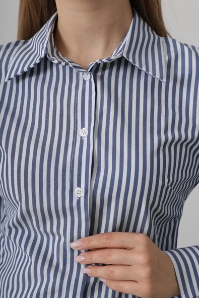 Yanları Büzgülü Çizgili Gömlek - Çizgili İndigo - Resim 4