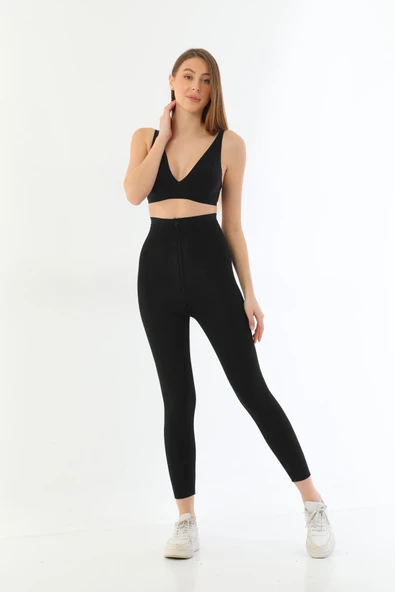 SİYAH MI 2711 Lazer Kesim Fermuarlı Uzun Tayt - Resim 4