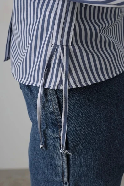 Yanları Büzgülü Çizgili Gömlek - Çizgili İndigo - Resim 3