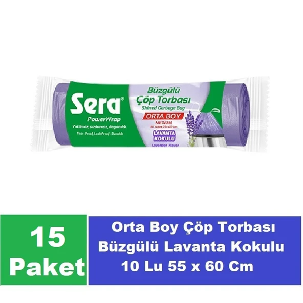 Sera Çöp Torbası Büzgülü Lavanta Kokulu Orta Boy 10 Lu 55 x 60 Cm x 15 Paket