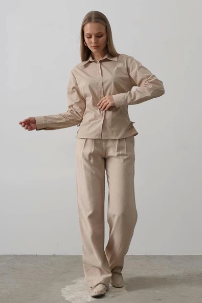 Yanları Büzgülü Çizgili Gömlek - Camel