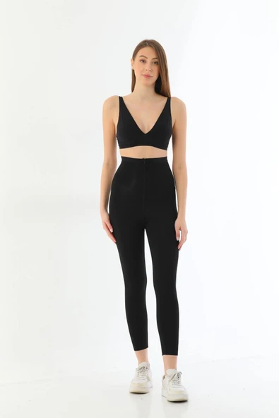 SİYAH MI 2711 Lazer Kesim Fermuarlı Uzun Tayt - Resim 3