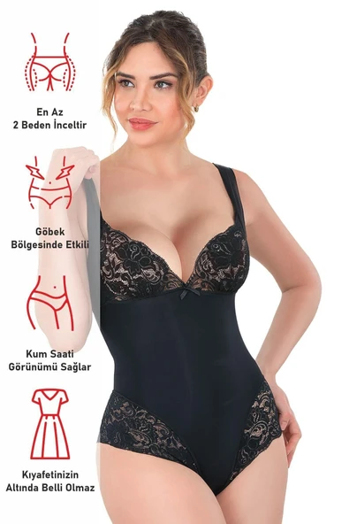 Siyah Mı 2947 Dantelli Agraflı Body Korse - Resim 3