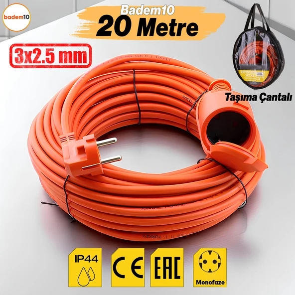 Uzatma Kablosu 20 METRE 3x2.5 mm Tekli Grup Fiş Priz Kapaklı Monofaze Ev Tipi Topraklı Kablolu