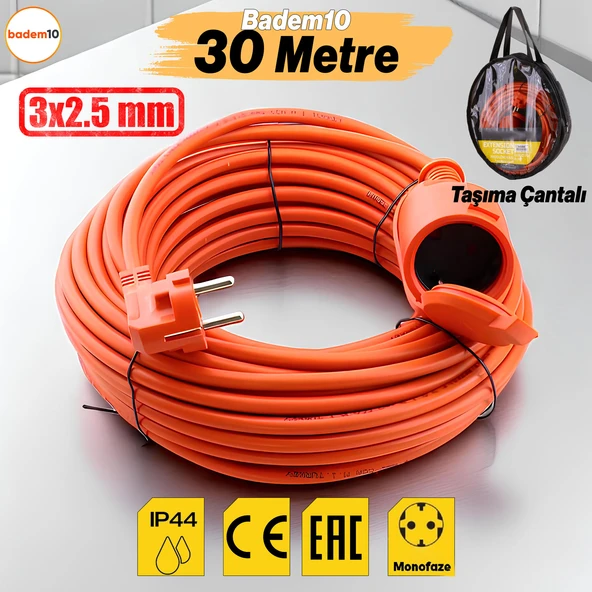 Uzatma Kablosu 30 METRE 3x2.5 mm Ev Tipi Topraklı Kablolu Tekli Grup Fiş Priz Kapaklı Monofaze ürün görseli