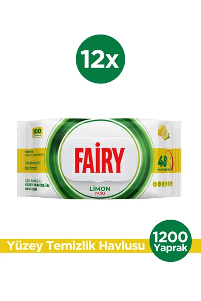 Çok Amaçlı Yüzey Temizlik Havlusu 100 Yaprak 12 Adet | Limon Yağlı | Beyaz Sirke & Karbonat
