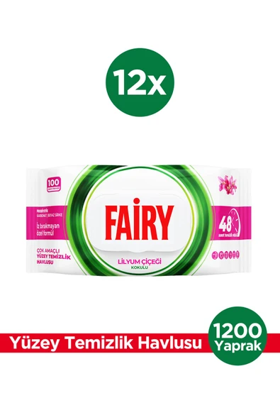 Çok Amaçlı Yüzey Temizlik Havlusu 100 Yaprak 12 Adet | Lilyum Çiçeği | Beyaz Sirke Karbonat
