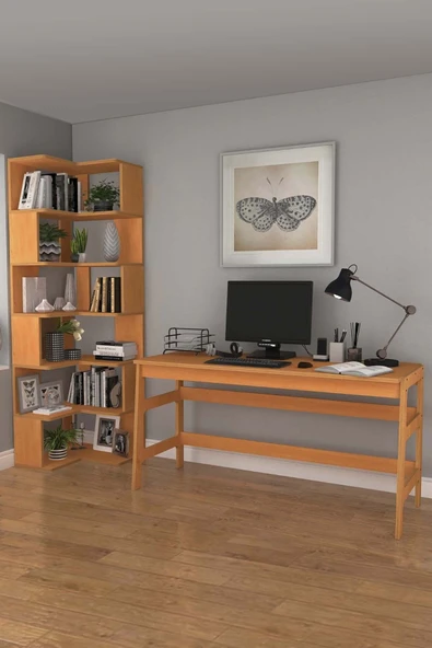 Woodesk  Bohem, Ahşap, Çalışma Masası Ve Köşe Kitaplık Takımı, Tik Renk