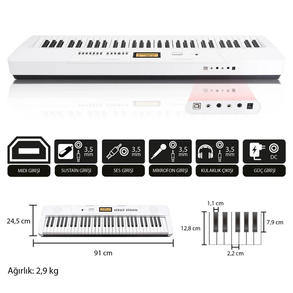 Jwin JTK-3600 61 Tuş Hassasiyetli 5 Oktav Org Seti - Beyaz - 3