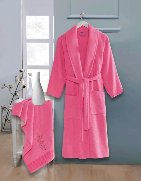 Bornoz - Nakışlı Havlu Seti Cora Fuşya L/XL+45x85cm