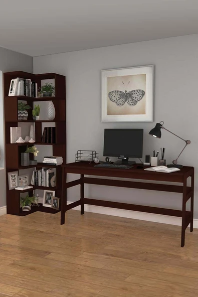 Woodesk  Bohem, Ahşap, Çalışma Masası Ve Köşe Kitaplık Takımı, Ceviz Renk