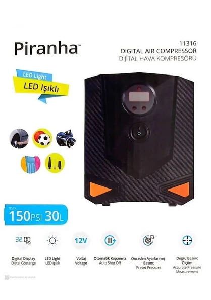 Piranha Dijital Hava Kompresörü Lastik Hava Pompası 150 Psi