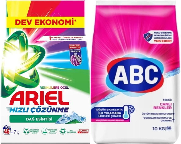 Ariel Matik Toz Çamaşır Deterjanı 7 KG Renklilere Özel / Dağ Esintisi (46 Yıkama)+ 10 KG Canlı Renkler