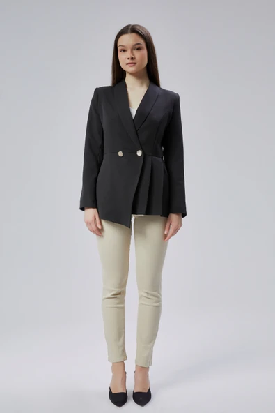 Siyah Regular Fit Pile Detaylı Blazer Ceket - 10