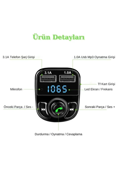 GOLDENSTAR Car X8 Araç Fm Transmitter,bluetooth,usb,mp3,sd Kart Çakmaklık Girişli Oto Müzik Çalar Kiti - 3