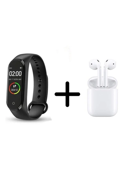 la storia I12 Siyah Bluetooth Kulaklık M4 Akıllı Bileklik Android Uyumlu 2li Set Beyaz