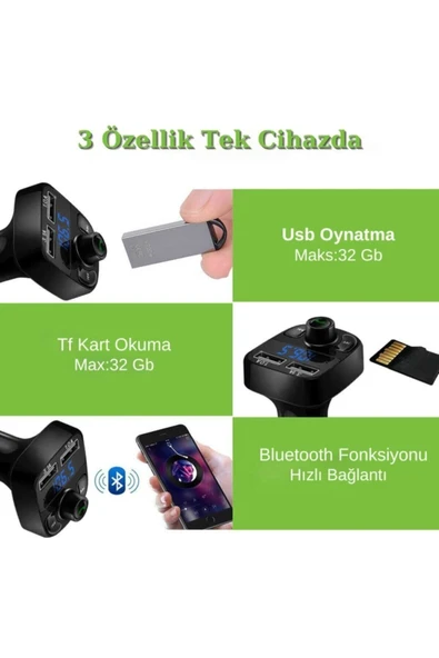 GOLDENSTAR Car X8 Araç Fm Transmitter,bluetooth,usb,mp3,sd Kart Çakmaklık Girişli Oto Müzik Çalar Kiti - 4